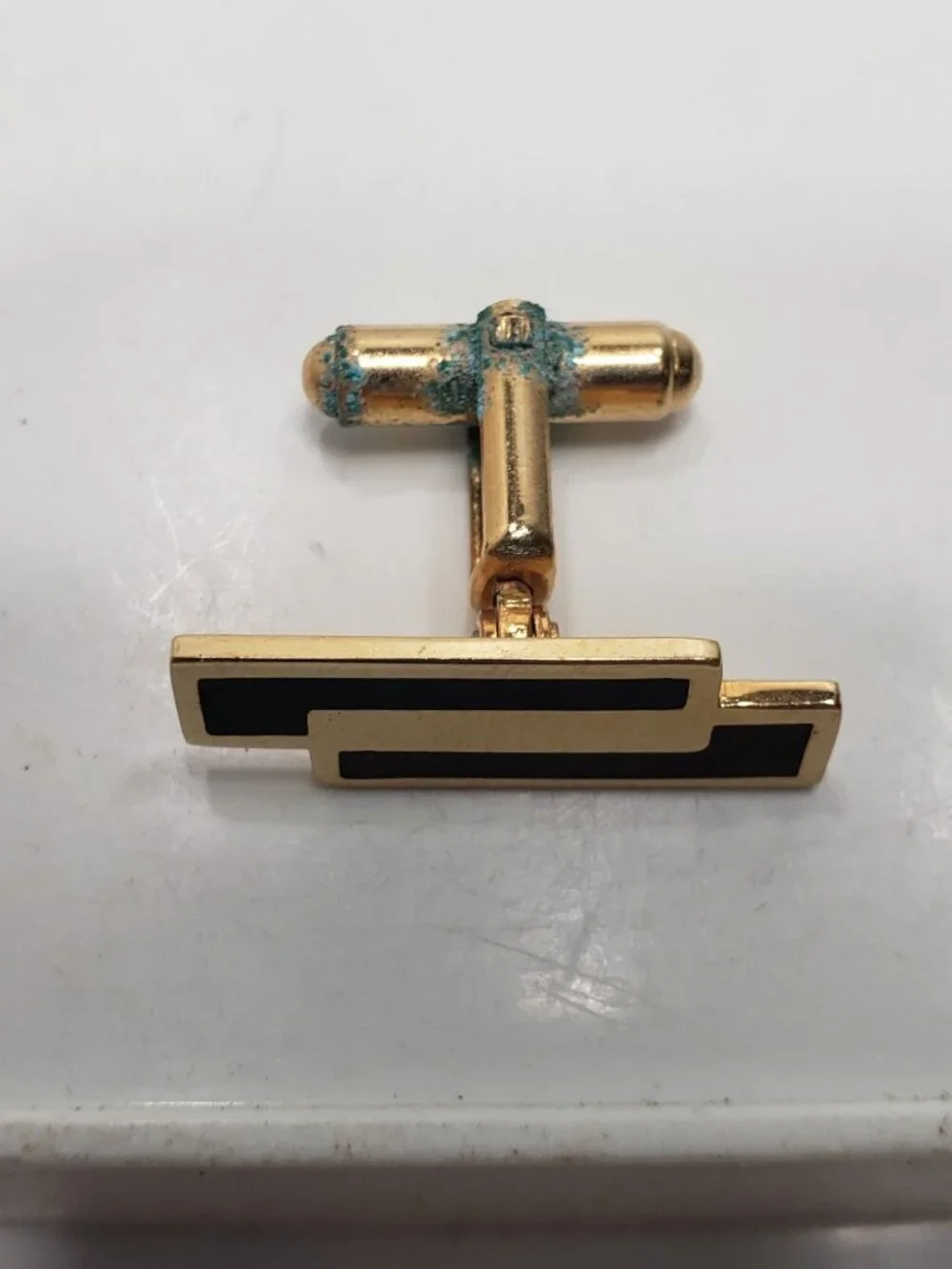 Vintage Gold Tone Black Brown Enamel Geometric Cufflinks Mens Formal